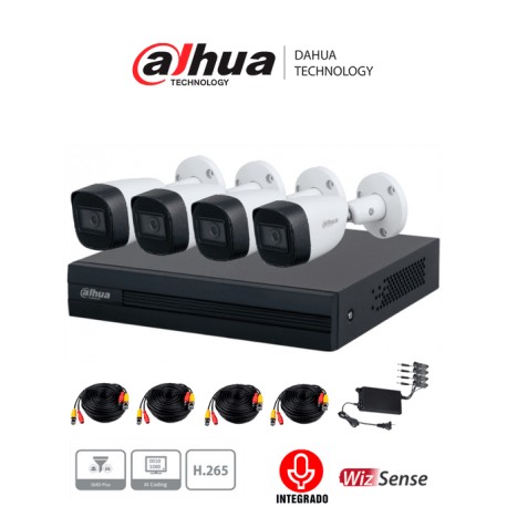 DAHUA KITXVR5104HS4KLI3+4HFW1500CMA- KIT DE 4 CANALES DE 5 MP CON AUDIO/ DVR WIZSENSE CON RECONOCIMIENTO DE ROSTROS/ H.265+/ 4 