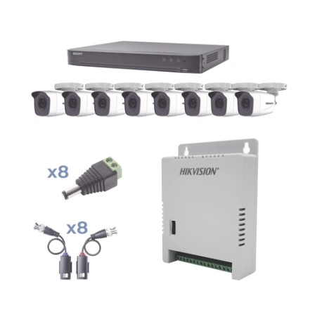 KIT TURBOHD 1080P / DVR 8 CANALES / 8 CÁMARAS BALA (EXTERIOR 2.8 MM) / TRANSCEPTORES / CONECTORES / FUENTE DE PODER PROFESIONAL