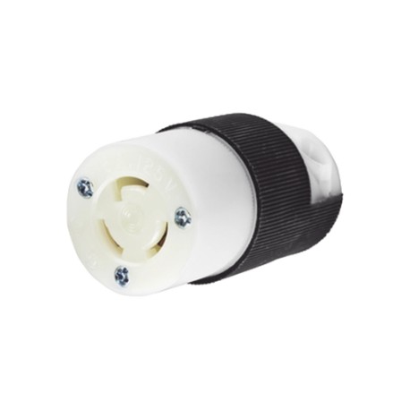 CONECTOR DE MEDIA VUELTA, 15 A 125 V AC,  2 POLOS, 3 HILOS, COLOR BLANCO Y NEGRO ( NEMA L5-15P).