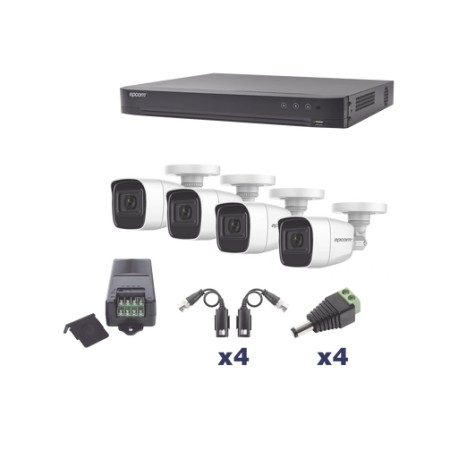 KIT TURBOHD 1080P / DVR 4 CANALES / 4 CÁMARAS BALA POLICARBONATO CON AUDIO INTEGRADO (EXTERIOR 2.8 MM) / TRANSCEPTORES / CONECT