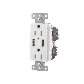 CONTACTO DÚPLEX CON 2 PUERTOS USB, 15A 125V, 2 POLOS, 3 HILOS, COLOR BLANCO.