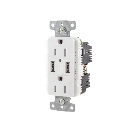 CONTACTO DÚPLEX CON 2 PUERTOS USB, 15A 125V, 2 POLOS, 3 HILOS, COLOR BLANCO.