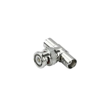 ADAPTADOR EN T PARA 75 OHM DE CONECTOR BNC MACHO A DOBLE BNC HEMBRA, NÍQUEL/ ORO/ TEFLÓN.